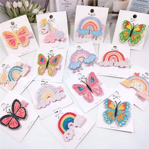 Cute Cartoon Unicorn Rainbow Butterfly Glitter Sequins Girls Hair Clips Handmade Duckbill Barrettes Hairpins For Kids