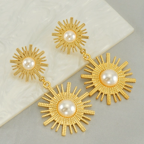 Orecchini A Goccia Di Girasole Vintage Per Donna In Acciaio Inossidabile Placcato Oro 18K Con Perla Artificial