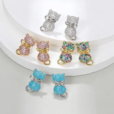 Cute Cat Stud Earrings Copper Micro-inlaid Colorful Rhinestone Bowtie Animal Ear Studs S925 Sterling Silver Post For Women Girl