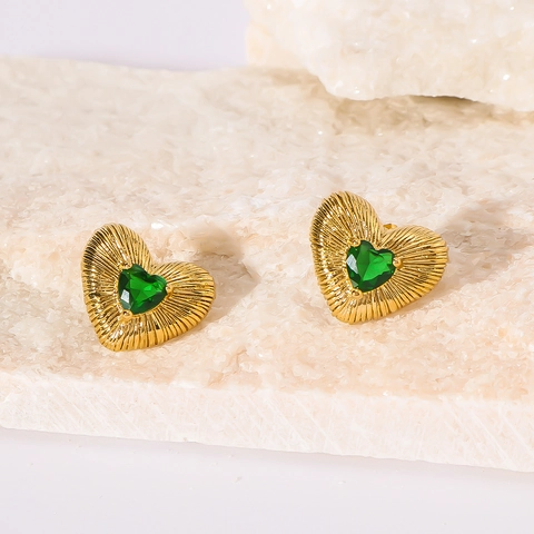 Heart Stud Earrings Stainless Steel 18K Gold Plated Radial Texture Heart Gemstone Retro Elegant Jewelry For Women