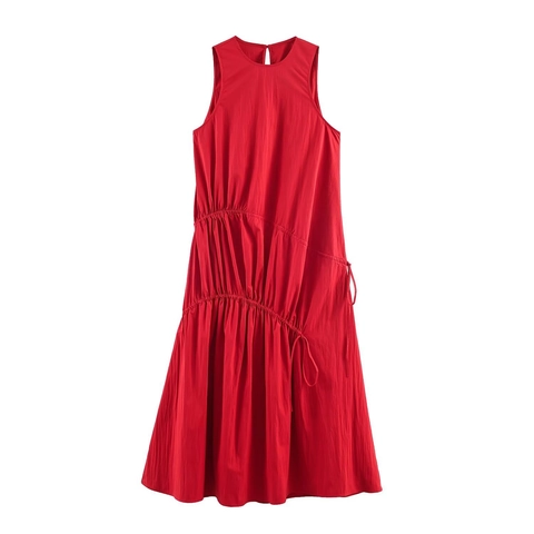 Abito Midi Senza Maniche Rosso Poliestere Arricciato Coulisse Asimmetrica Per Donne Elegante Collo Tondo Stile