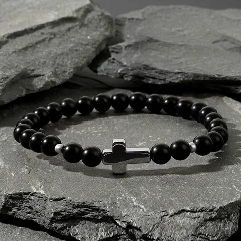 Matte Black Agate Beaded Bracelet With Silver Alloy Cross Pendant Gothic Minimalist Elastic Jewelry For Men