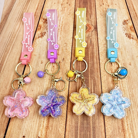 Cherry Blossom Starfish Quicksand Keychain Liquid Acrylic Pendant With Silicone Strap And Bell Cute Bag Charm For Women