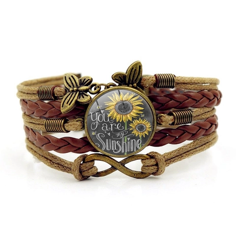 Bracciale Pelle Intrecciata Multistrato Girasole Retro Lega Farfalla Simbolo Infinito Cupola Vetro Citazione Gioielli