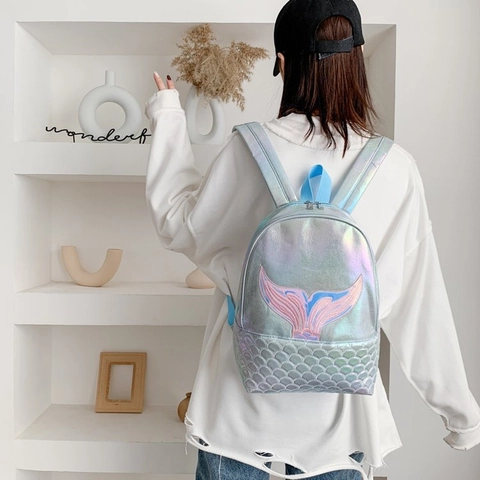 Mermaid Backpack Holographic Laser PU Leather Embroidery Fish Scale Pattern Cute Shiny School Bag For Girls Kids Students