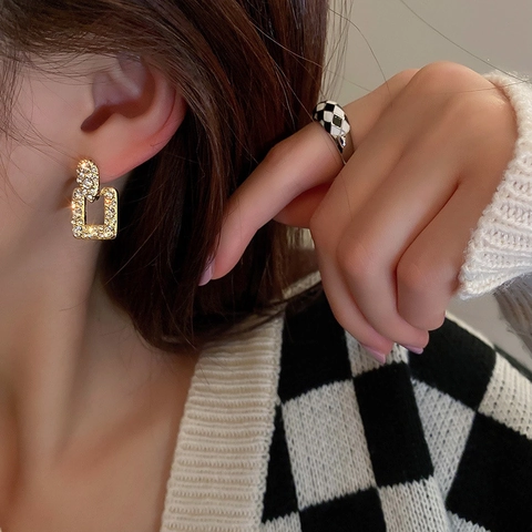 Alloy Rhinestone Geometric Square Earrings With 925 Sterling Silver Earring Post Luxury Vintage Style For Women