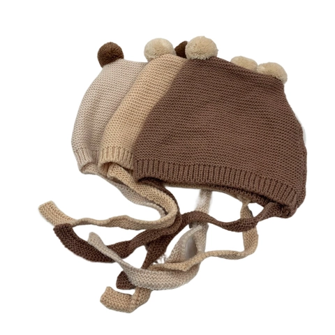 Baby Gebreide Muts Acryl Warme Oorflap Cap Met Bandjes Pompons Schattig Herfst Winter Peuters