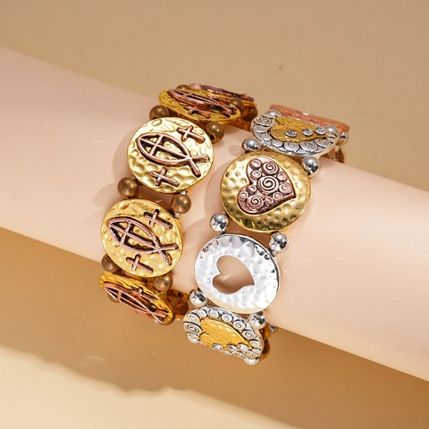 Retro Alloy Elastic Bracelet With Cross Fish Symbol And Heart Embossed Hammered Texture Contrast Metal Jewelry