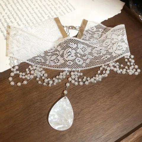 Collier Choker En Dentelle Blanche Élégante Avec Franges En Künstliche Perles Multiples Et Pendentif Goutte Bijoux Rétro Français
