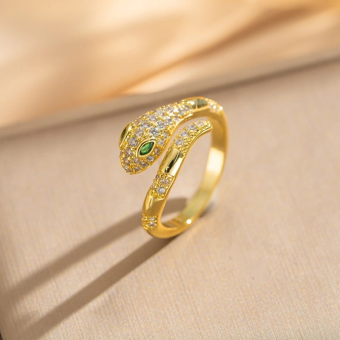 Bague Serpent Réglable Cuivre Plaqué Or Micro Inlays Zircon Yeux Verts Forme Animale Bijoux Cadeau Femmes