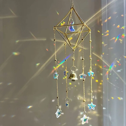 Crystal Suncatcher Prism Ball Moon Stars Hanging Ornament Metal Geometric Rainbow Maker Window Decor With Bell