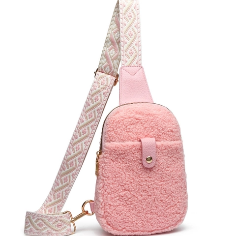 Damen Lammwolle Brusttasche Plüsch Umhängetasche Mit Ethnisch Gewebtem Breitem Gurt PU-Leder Besatz Winter Mode Lässig