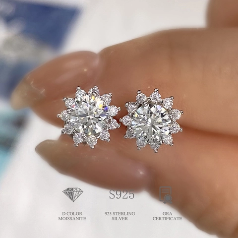 Sunflower Moissanite Stud Earrings With 925 Sterling Silver Earring Post D Color VVS1 Elegant Floral Jewelry For Women