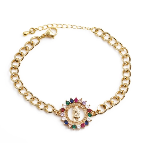 Virgin Mary Guadalupe Religious Pendant Bracelet Gold Plated Copper Cuban Link Adjustable Multi Color Zircon Jewelry