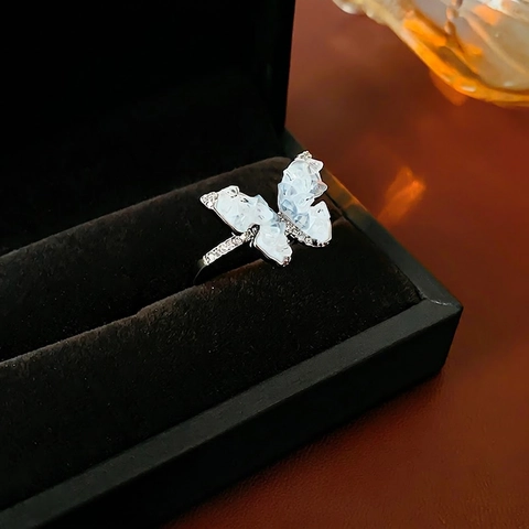 Butterfly Zircon Crystal Open Ring Copper Material Blue Wings Elegant Fashion Jewelry Accessory For Women