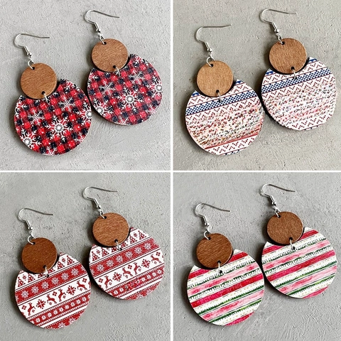 Weihnachten Holz Ohrringe Kariert Schneeflocke Rentier Geometrische Hänger Schmuck Für Frauen Boho Stil