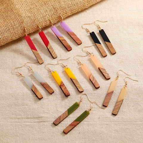 Orecchini Pendenti In Legno E Resina Rettangolari Geometrici Minimalisti Stile Boho Chic Gioielli Da Donna Di Moda