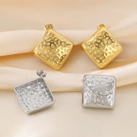 Square Stud Earrings Stainless Steel Hammered Texture Irregular Concave Convex Geometric Minimalist Vintage For Women