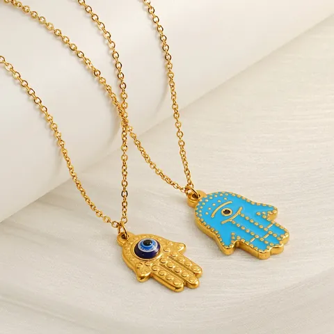 Hamsa Hand Böser Blick Anhänger Halskette 18K Vergoldeter Edelstahl Blaues Emaille Türkischer Retro Schmuck Für Damen