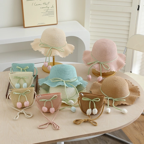 Girls Paper Woven Straw Sun Hat And Matching Crossbody Bag Breathable Wide Wave Brim Ribbon Bow Tulip Floral For Summer Beach
