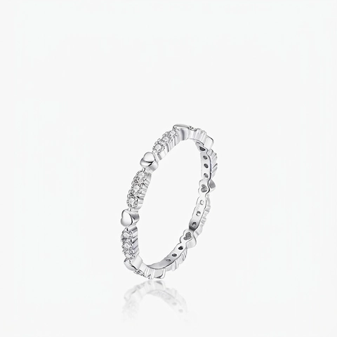 925 Sterling Silver Heart Ring For Women Minimalist Alternating Pave Cubic Zirconia Eternity Band Sweet Romantic Jewelry
