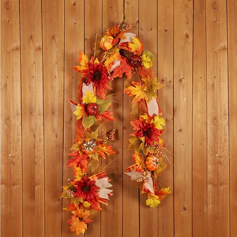 Artificial Autumn Maple Leaf Pumpkin Sunflower Garland Satin Fabric Foam Mesh Vine For Halloween Thanksgiving Home Decor