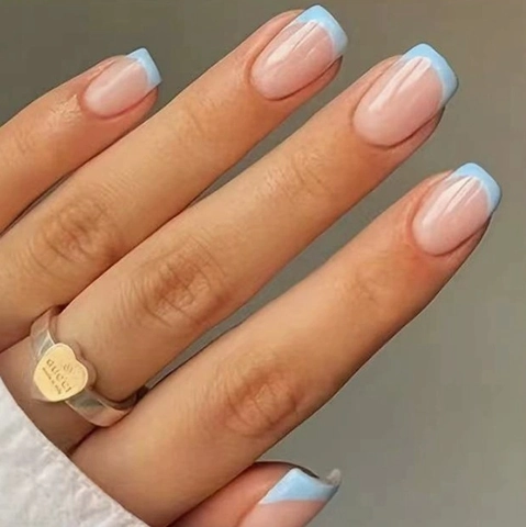 French Blue Tip Press On Nails Nude Pink Square Shape Full Cover Artificial Fake Nails Removable For Women