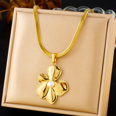 Collana Con Ciondolo Fiore Perla Artificial Elegante In Acciaio Inossidabile Placcato Oro Catena Serpente Gioielli Minimalisti Donna
