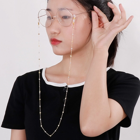 Chaîne De Lunettes Et Porte Masque Acier Inoxydable Avec Künstliche Perles D'imitation Et Cubes Métalliques Mode Anti Perte Élégant