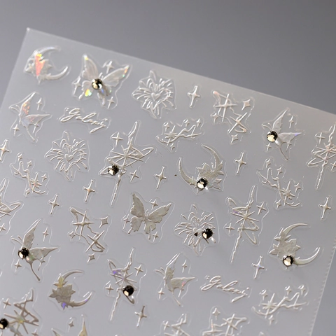 Adesivi Unghie Rilievo 5D Olografici Laser Argento Farfalla Stella Luna Decalcomanie Con Strass Manicure Fai Da Te