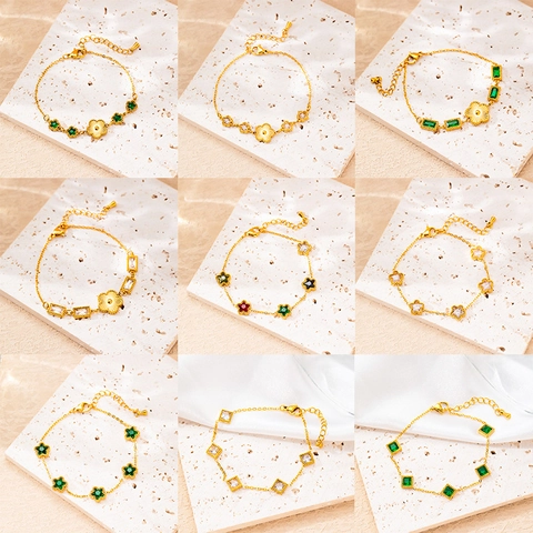Stainless Steel Gold Plated Bracelet For Women Zircon Emerald Five Leaf Flower Heart Star Charms Adjustable Layered Jewelry