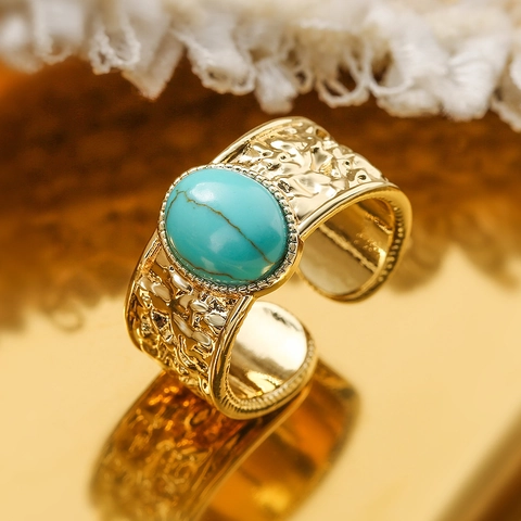Adjustable Open Ring Copper 18K Gold Plated Vintage Turquoise Inlaid Hammered Geometric Finger Jewelry For Women