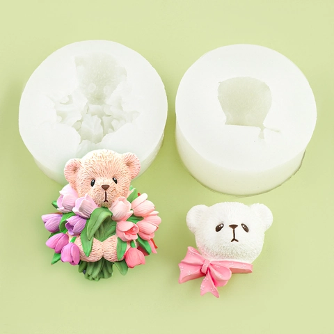 Stampo In Silicone Orsetto Con Bouquet Di Tulipani Testa Di Orso Fiocco DIY Resina Gesso Cioccolato Decorazione Torta