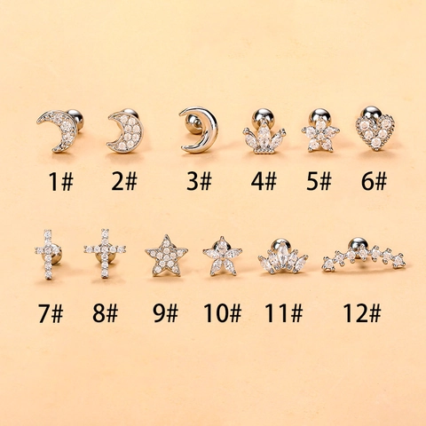 Stainless Steel Zircon Ear Cartilage Stud Piercing Jewelry Moon Star Heart Crown Cross Flower Shape Gold Silver Conch Stud Earrings