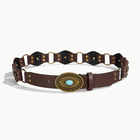 Damen Vintage Boho Taillengürtel PU Leder Breit Hohlnieten Western Cowboy Legierung Schnalle Accessoire