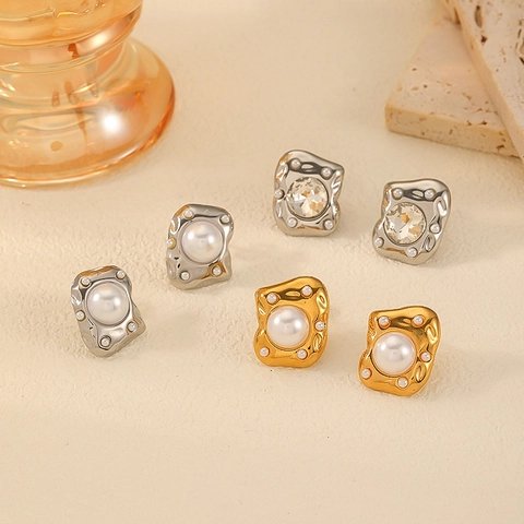 Irreguläre Lava Edelstahl Ohrstecker Mit Zirkonia Und Künstlicher Künstliche Perle 18K Vergoldet Vintage Schmuck Für Damen