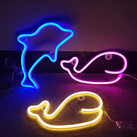 LED Neon Sign Light Whale Dolphin Shape Plastic USB Battery Powered Wall Hanging Kids Room Christmas Holiday Decor Creative Novelty