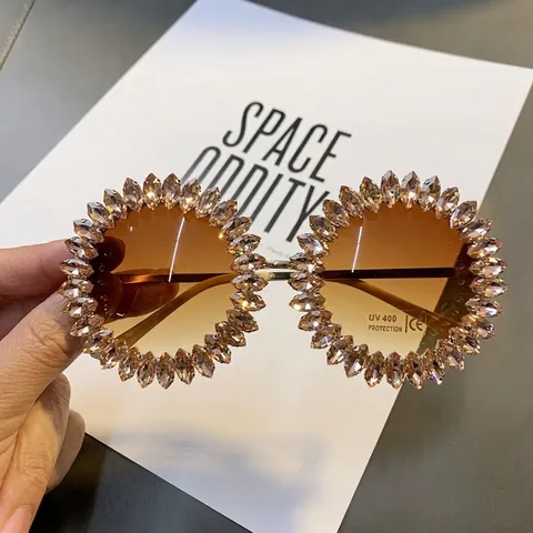 Runde Sonnenbrille Mit Strasssteinen Für Damen Übergroße Kristallbesetzte Metallrahmen UV400 Schutz Party Brillen