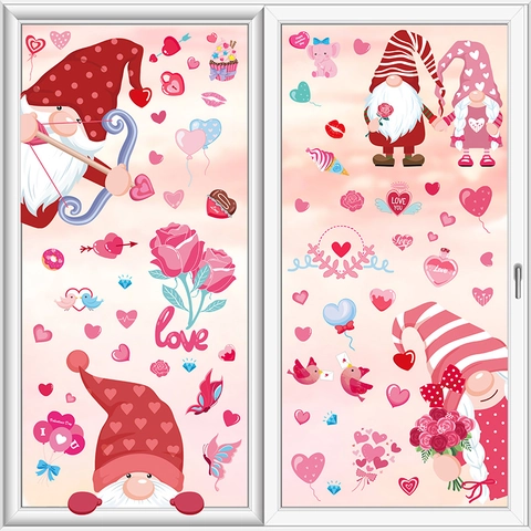 Valentijnsdag Raamstickers PVC Statische Film Dubbelzijdig Gnomes Harten Ballonnen Romantische Glasstickers Decoratie