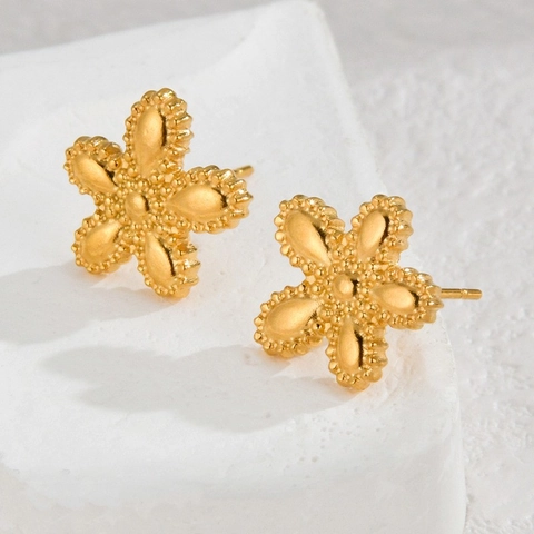Pendientes De Botón De Flor Acero Inoxidable Borde Milgrain Perlado Cinco Pétalos Minimalista Elegante Para Mujer