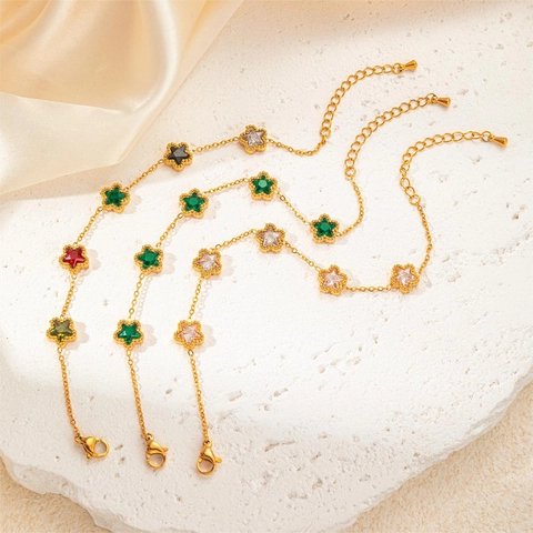 Gold Stainless Steel Bracelet For Women Colorful Zircon Star Flower Charms Elegant Retro Adjustable Jewelry