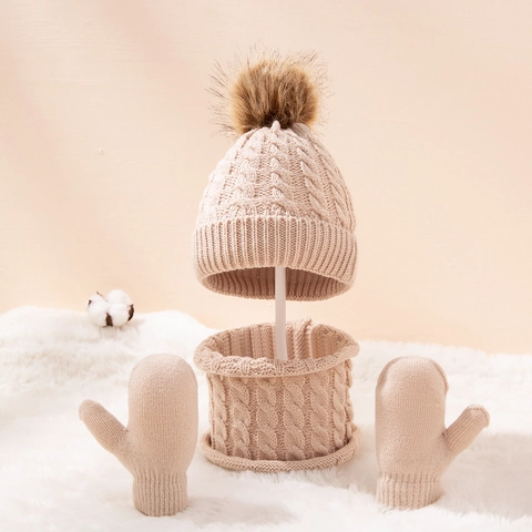 Kinder Winter Strickmütze Schal Und Fäustlinge Zopfmuster Acryl Mit Kunstpelz Bommel Warm Winddicht Draußen