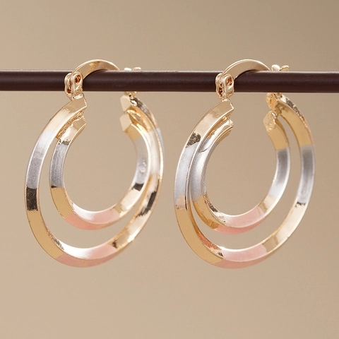 Driekleurige Dubbele Hoop Oorbellen Koper Goud Zilver Roségoud Verguld Geometrisch Scharnierend Ontwerp Voor Dames