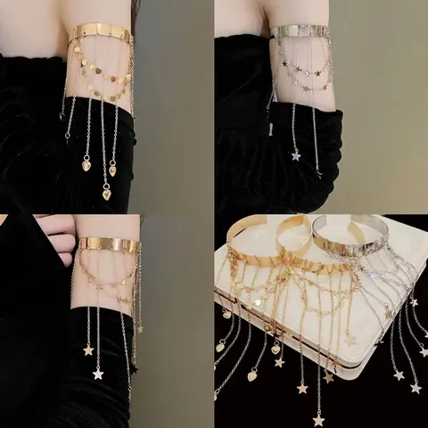 Upper Arm Bangle Armlet Alloy Multi Layer Tassel Chains Star Heart Pendants Adjustable Open Jewelry For Women