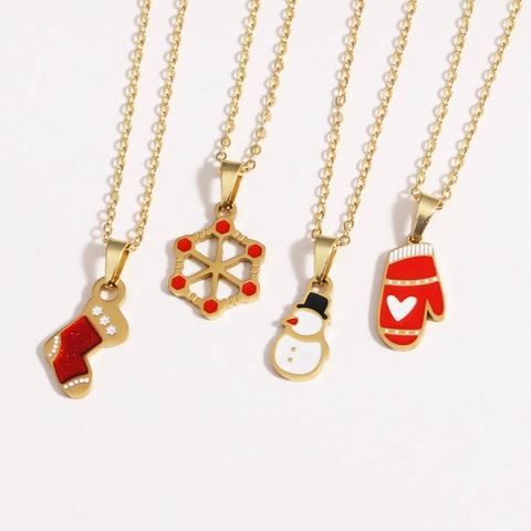 Christmas Pendant Necklace Gold Plated Brass Enamel Snowman Elk Xmas Tree Festive Party Jewelry For Women