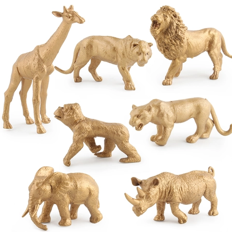Goldene Wildtierfiguren Realistische Metallische Löwe Elefant Giraffe Tiger Nashorn Leopard Gorilla Kunststoff Modellspielzeug