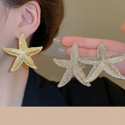 Exaggerated Starfish Stud Earrings Hammered Texture Metal Alloy Jewelry With 925 Sterling Silver Earring Post Elegant For Women