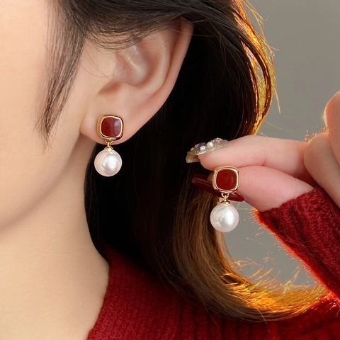 French Retro Geometric Square Drop Earrings With 925 Sterling Silver Earring Post Artificial Pearl Dangle