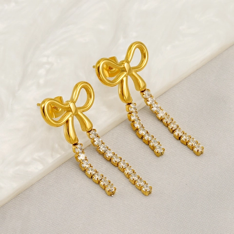 Edelstahl Schleife Quaste Ohrringe Damen Zirkon Vergoldet Elegant Französischer Stil Lange Hängende Schmuck