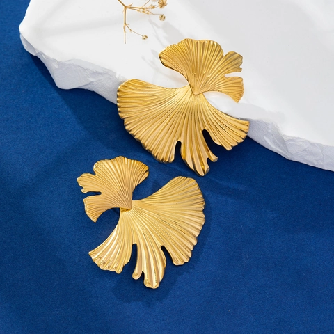 Ginkgo Blad Oorbellen 18K Verguld Roestvrij Staal 3D Textuur Elegante Statement Oorknopjes Voor Dames